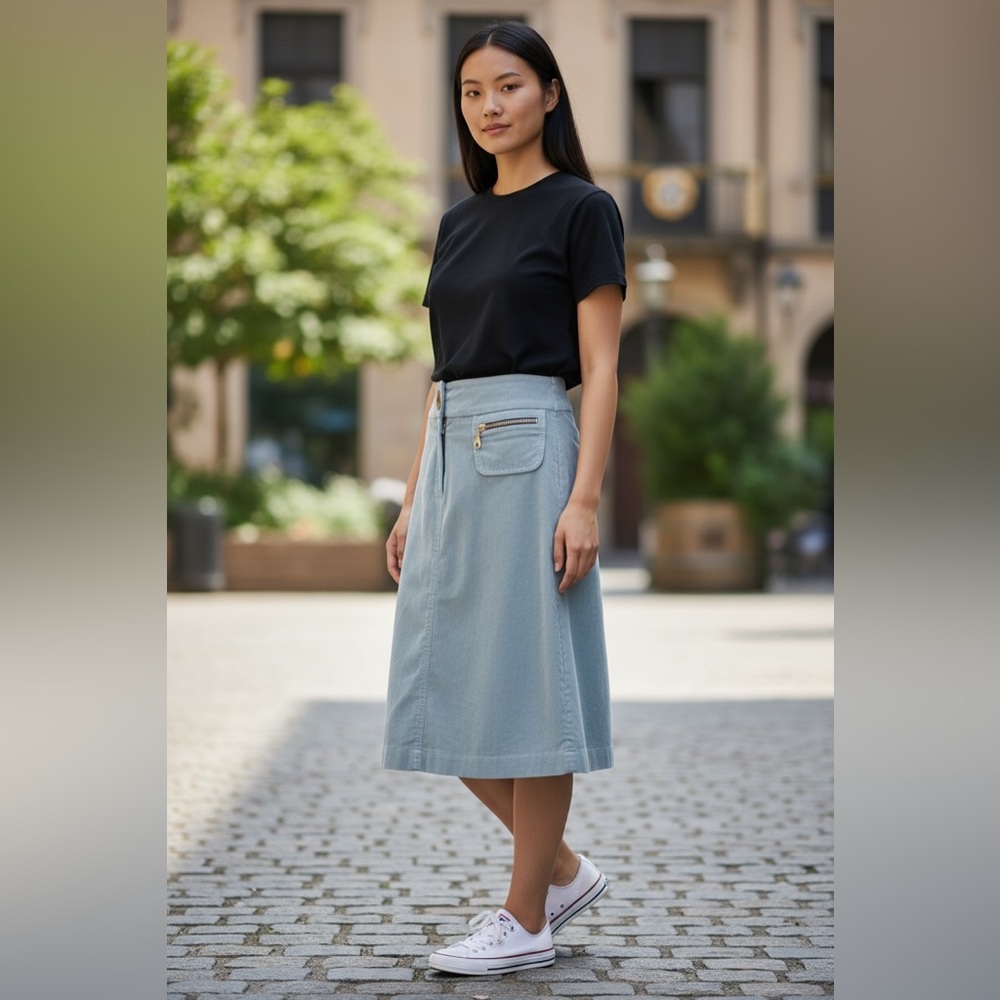 Jazmin Chebar Elegant Corduroy Blue Midi Skirt